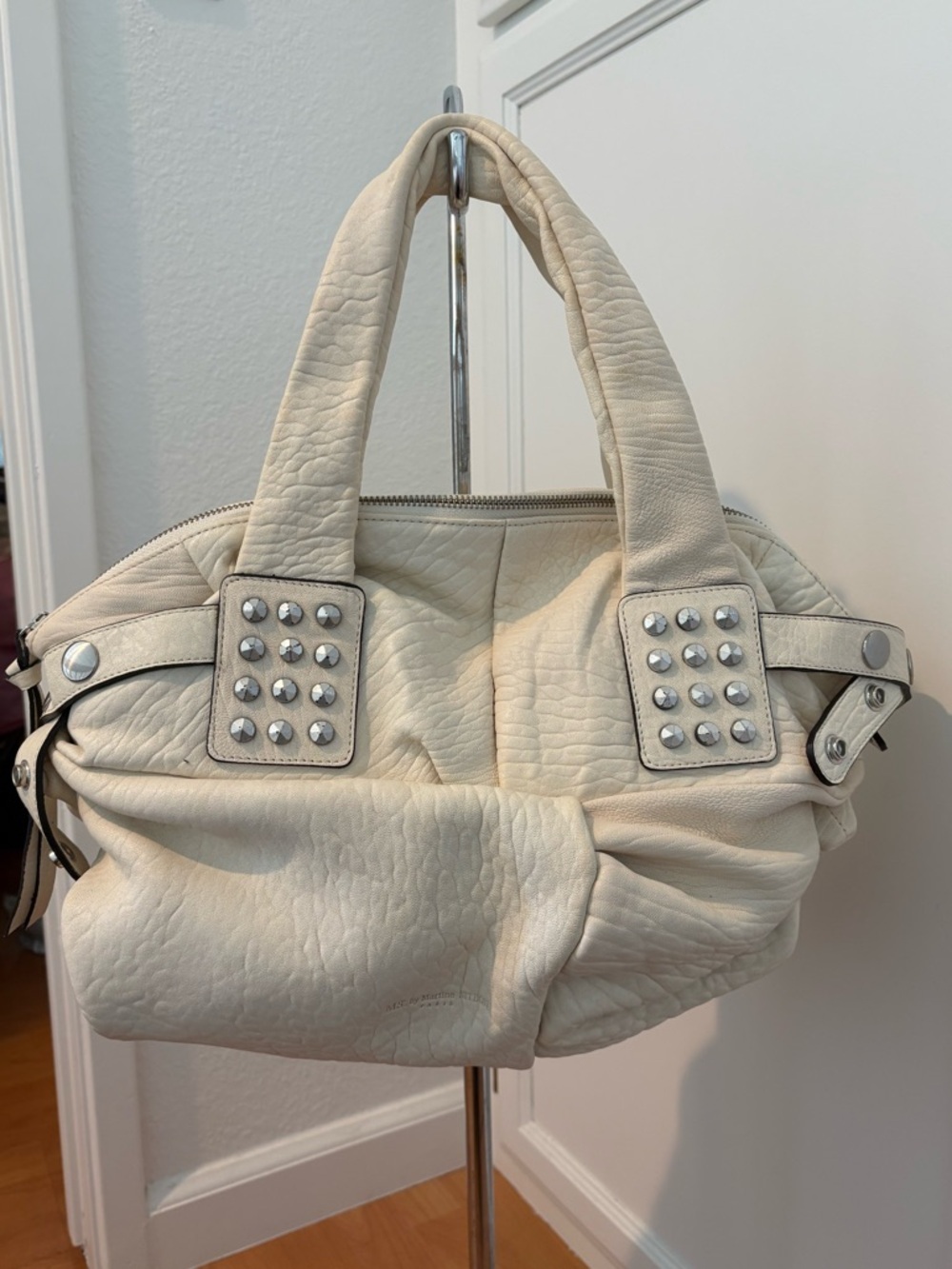 Cream Studded Top-Handle Satchel Handbag